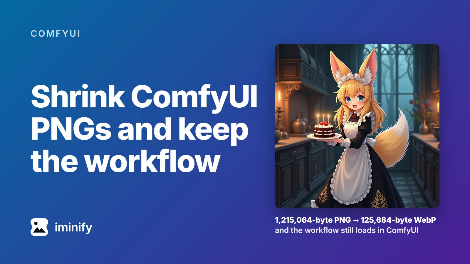 ComfyUI's Flux Dev example render of a fox-eared girl in a maid dress holding a cake, captioned: 1,215,064-byte PNG to 125,684-byte WebP, and the workflow still loads in ComfyUI.